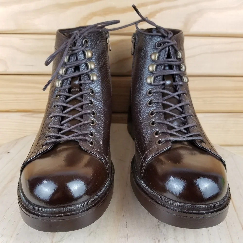 Mens 100% Genuine Leather Brown Ankle Boots 9 US by Paul Branco Side Zip Lace-up